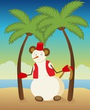 snowman on the beach under palm trees in a monkey suit