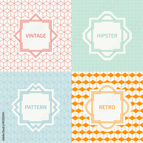 Set of mono line geometric seamless cube pattern with square, cube. Vintage frames in red, green, blue, gold. Vector background. Graphic texture for greeting cards. Labels, badges. Illusion effect