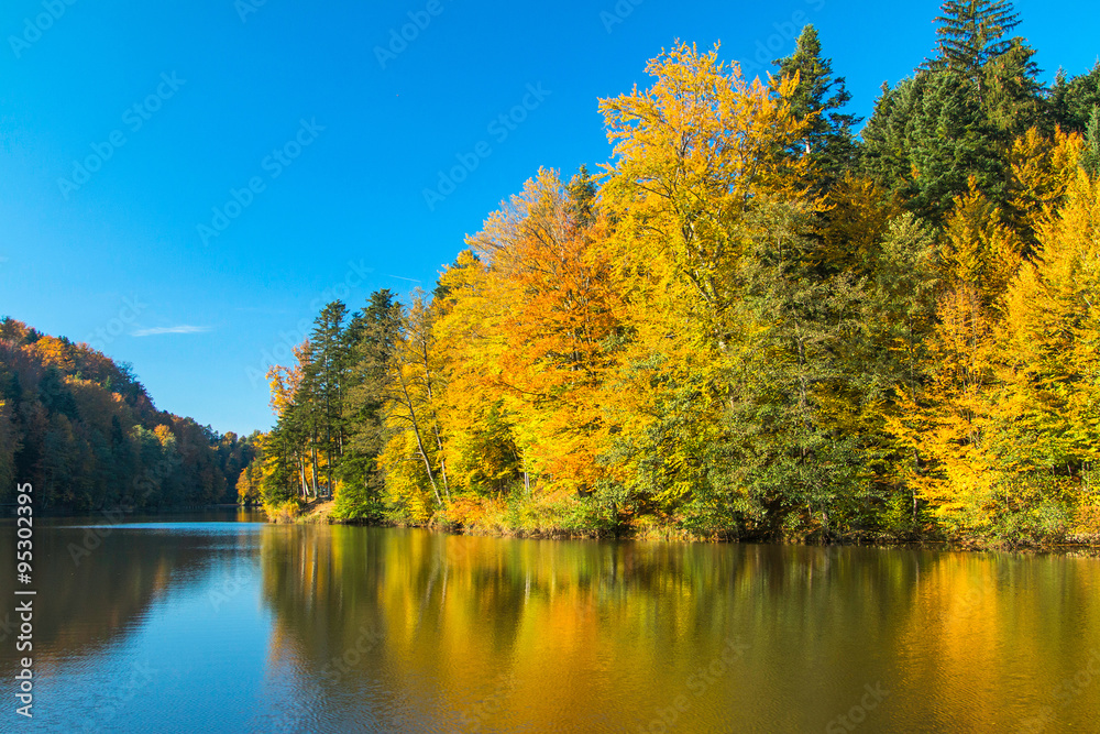 Reflection of trees on Trakoscan lake in Zagorje, Croatia, season, autumn Reflection of trees on Trakoscan lake in Zagorje, Croatia, season, autumn