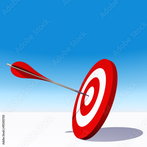 Conceptual red dart target board with arrow in the center on clouds