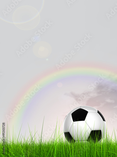 Conceptual 3D soccer ball in field grass with a rainbow sky background