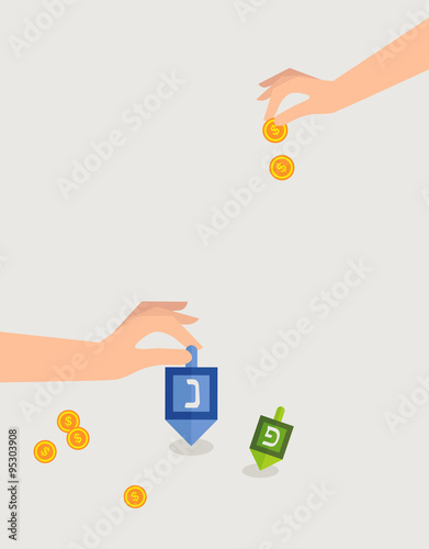 hanukkah game , hand spining dreidel and holding coins