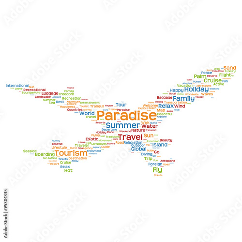 Concept or conceptual colorful plane silhouette travel tourism text word cloud