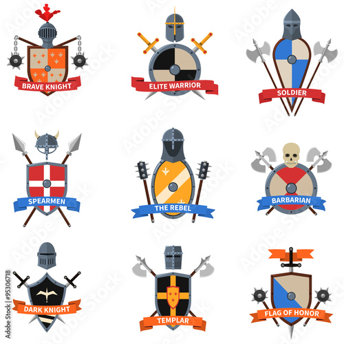 Medieval knights emblems flat icons set