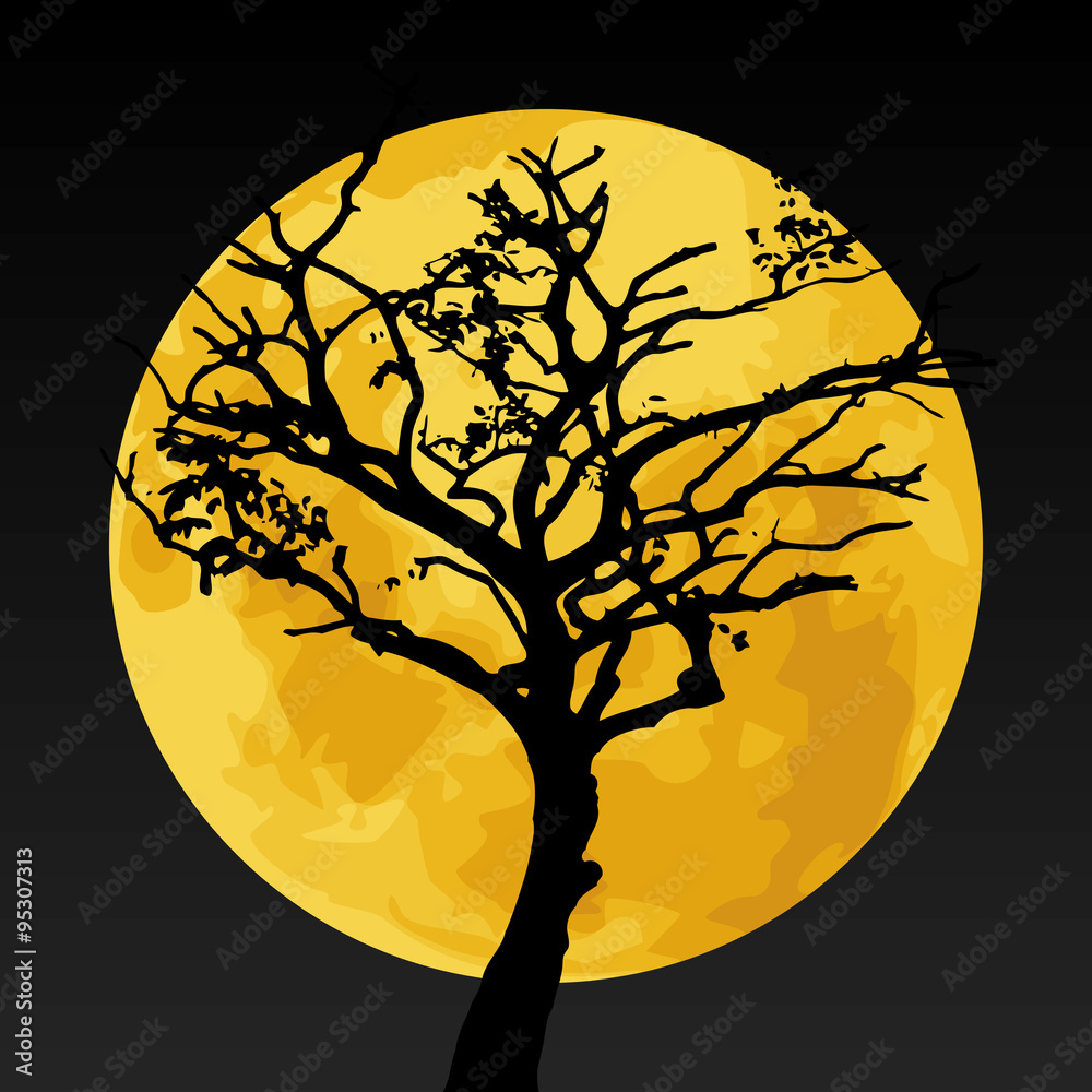 Black tree silhouette on yellow moon Black tree silhouette on yellow moon