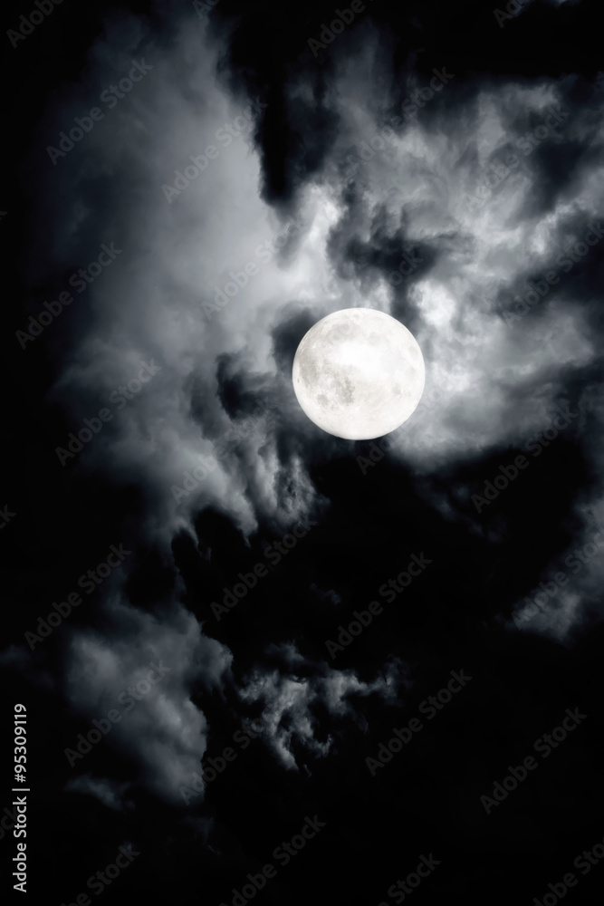 Dark cloudy sky with full moon