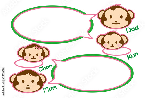 猿の家族（はがきテンプレート）父、母、息子、娘-ピンク枠+グリーン枠+白背景