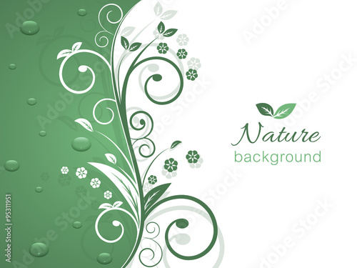 Nature vector background with spiral swirly pattern and water drops.