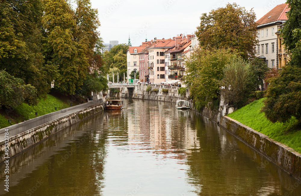 Ljubljanica river in Ljubljana, Slovenia.