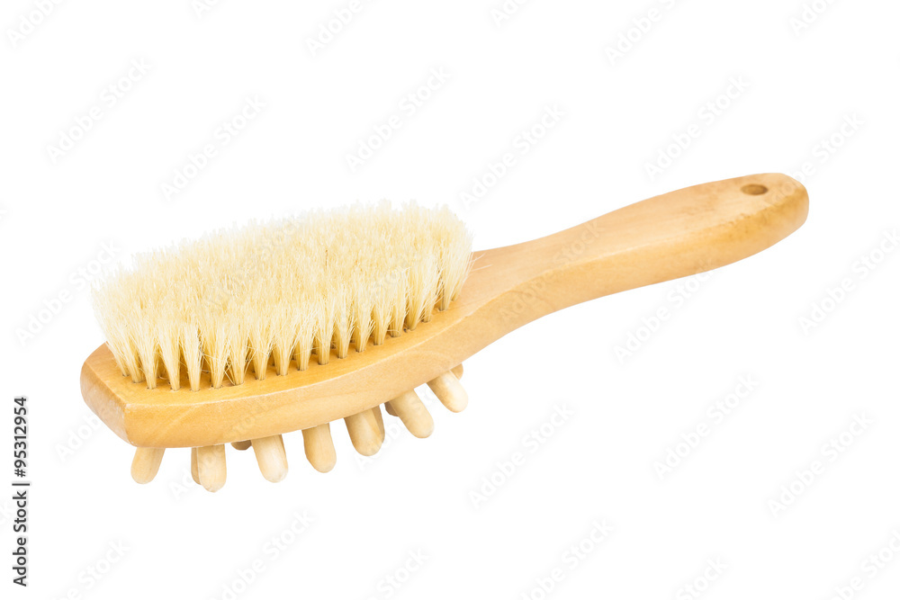 Wooden massager and bath brush on white background Wooden massager and bath brush on white background