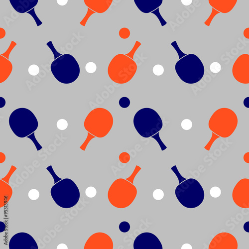 Seamless vector pattern with elements of ping-pong rackets and balls over grey background