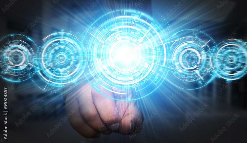Businessman in his office using tactile interface Businessman in his office using tactile interface