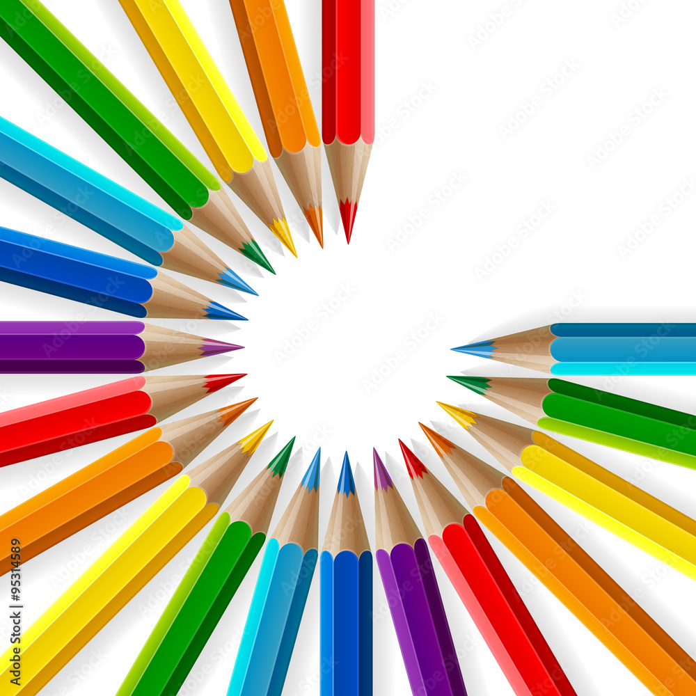 Circle of rainbow colored pencils with realistic shadows on white background