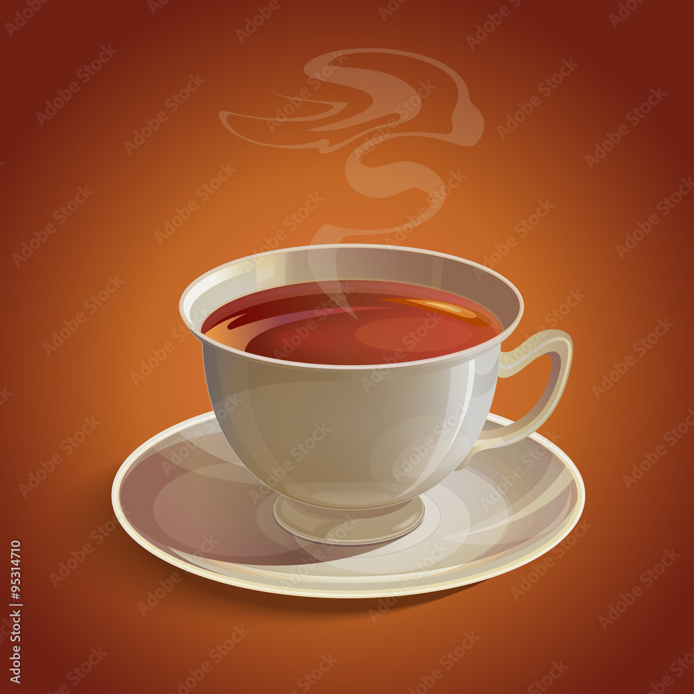 Obraz premium Isolated realistic white tea cup and saucer with vapor on brown background
