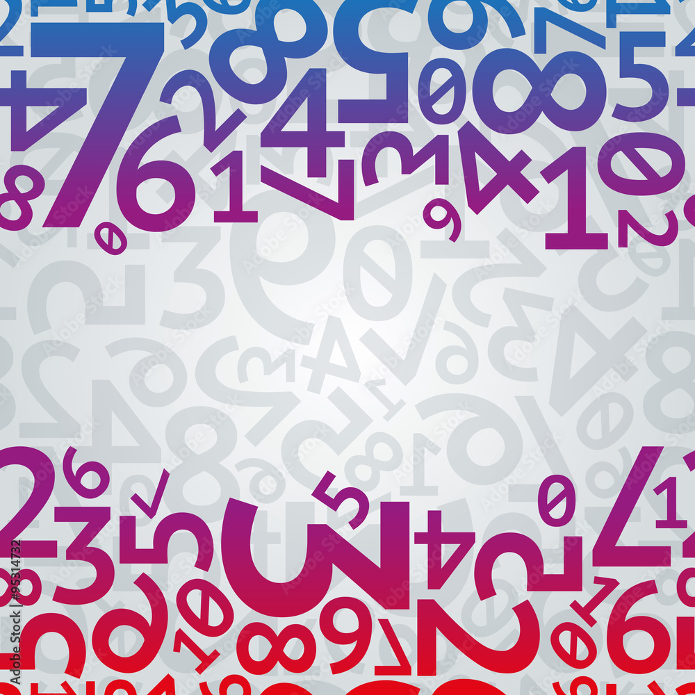 Abstract blue, purple and red gradient random numbers on light grey digits background seamless pattern