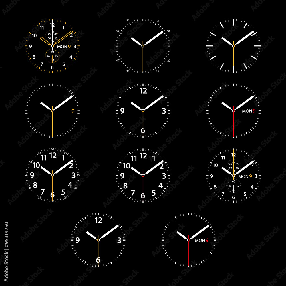 Set of 11 modern smart watches white round dials on black background