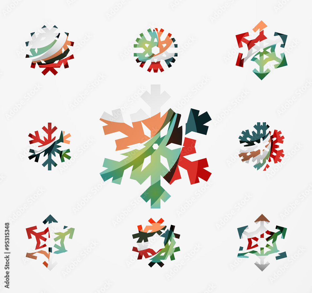 Set of abstract colorful snowflake logo icons, winter concepts, clean modern geometric design Set of abstract colorful snowflake logo icons, winter concepts, clean modern geometric design