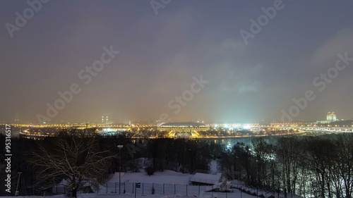 Panoramic view of Moscow City, Russia, from Sparrow Hills day to night winter timelapse