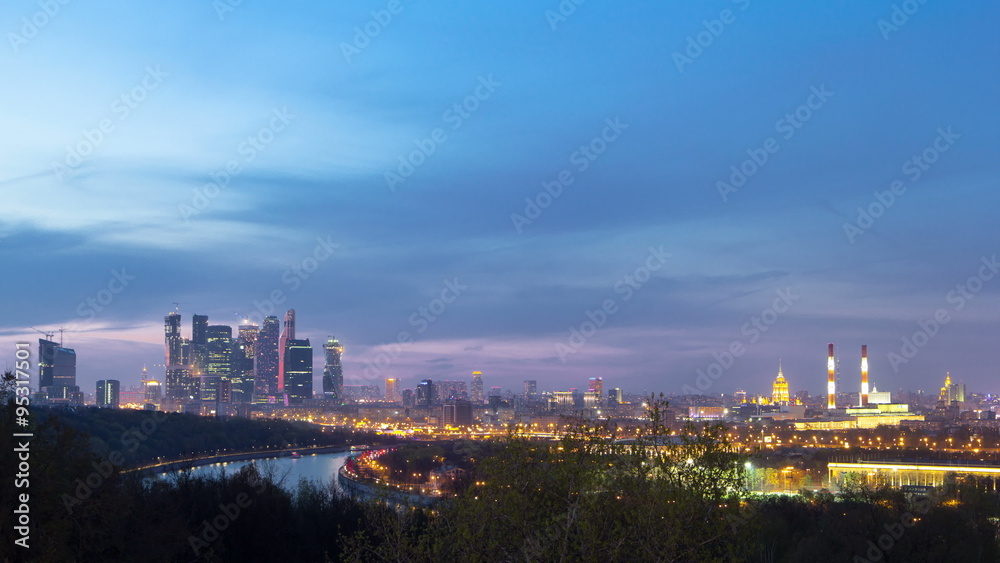 Panoramic view of Moscow City, Russia, from Sparrow Hills day to night timelapse Panoramic view of Moscow City, Russia, from Sparrow Hills day to night timelapse