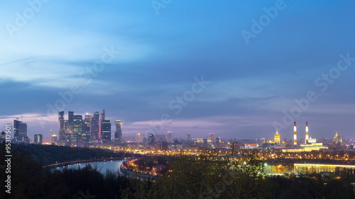 Panoramic view of Moscow City, Russia, from Sparrow Hills day to night timelapse