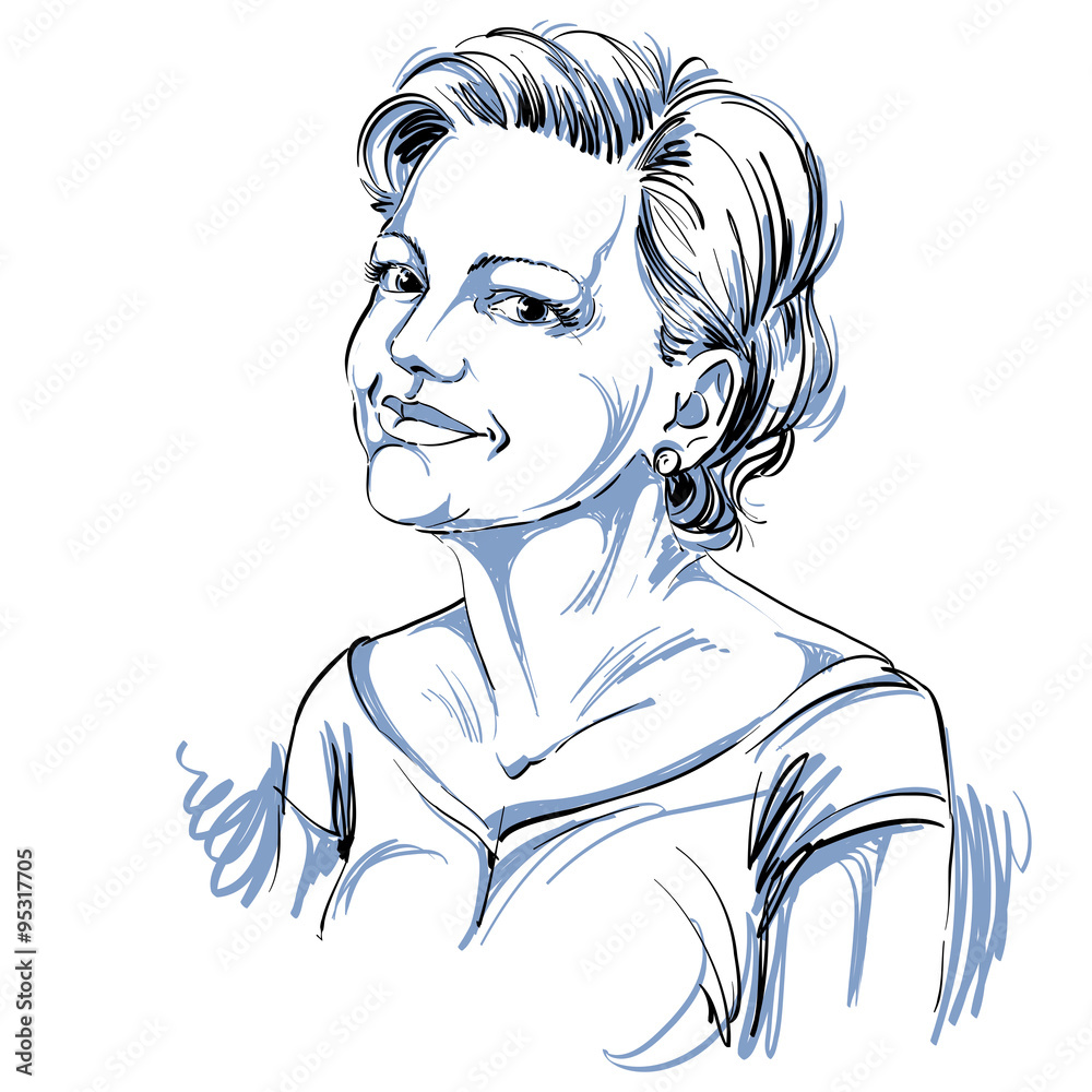 Hand-drawn portrait of white-skin romantic woman, face emotions Hand-drawn portrait of white-skin romantic woman, face emotions