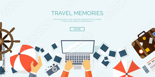 Flat travel background. Summer holidays, vacation. Plane, boat, car  traveling. Tourism, trip  and journey