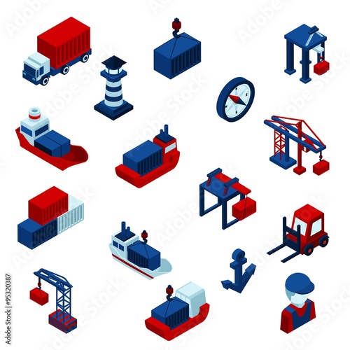  Isometric  Color Seaport Icons  Set
