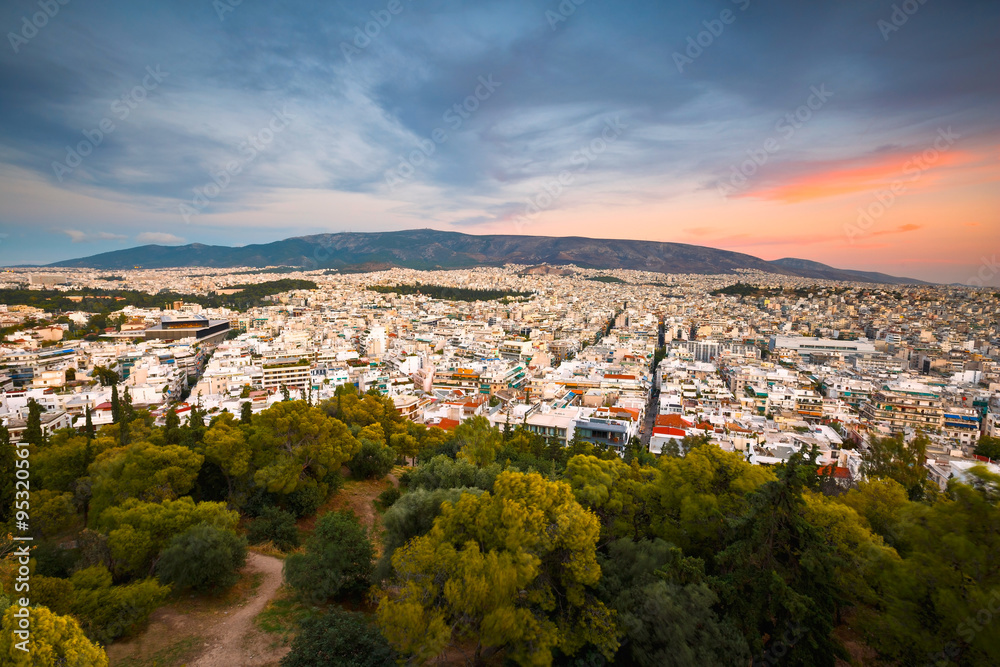 Fototapeta premium Evening view of Athens from Filopappou hill, Greece.