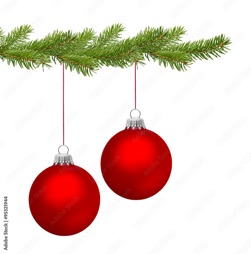 Zwei rote Christbaumkugeln am Tannenzweig Zwei rote Christbaumkugeln am Tannenzweig