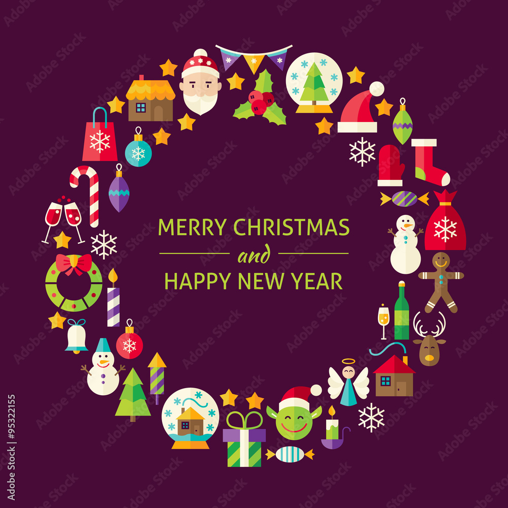 Fototapeta premium Merry Christmas New Year Holiday Flat Design Icons Circle Set