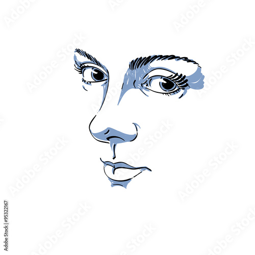 Monochrome hand-drawn silhouette of melancholic peaceful woman f