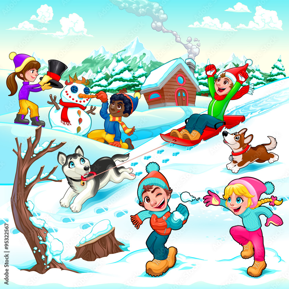 Naklejka premium Funny winter scene with children and dogs