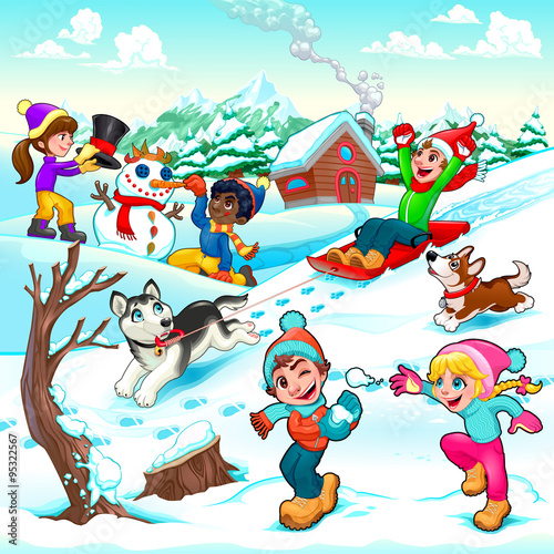 Funny winter scene with children and dogs