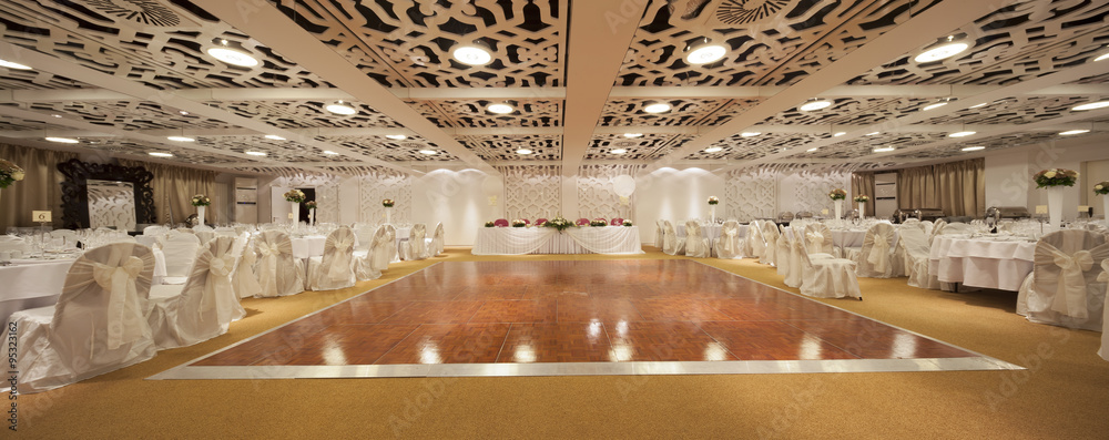 seamless panorama made with tilt-shift lens of wedding ballroom