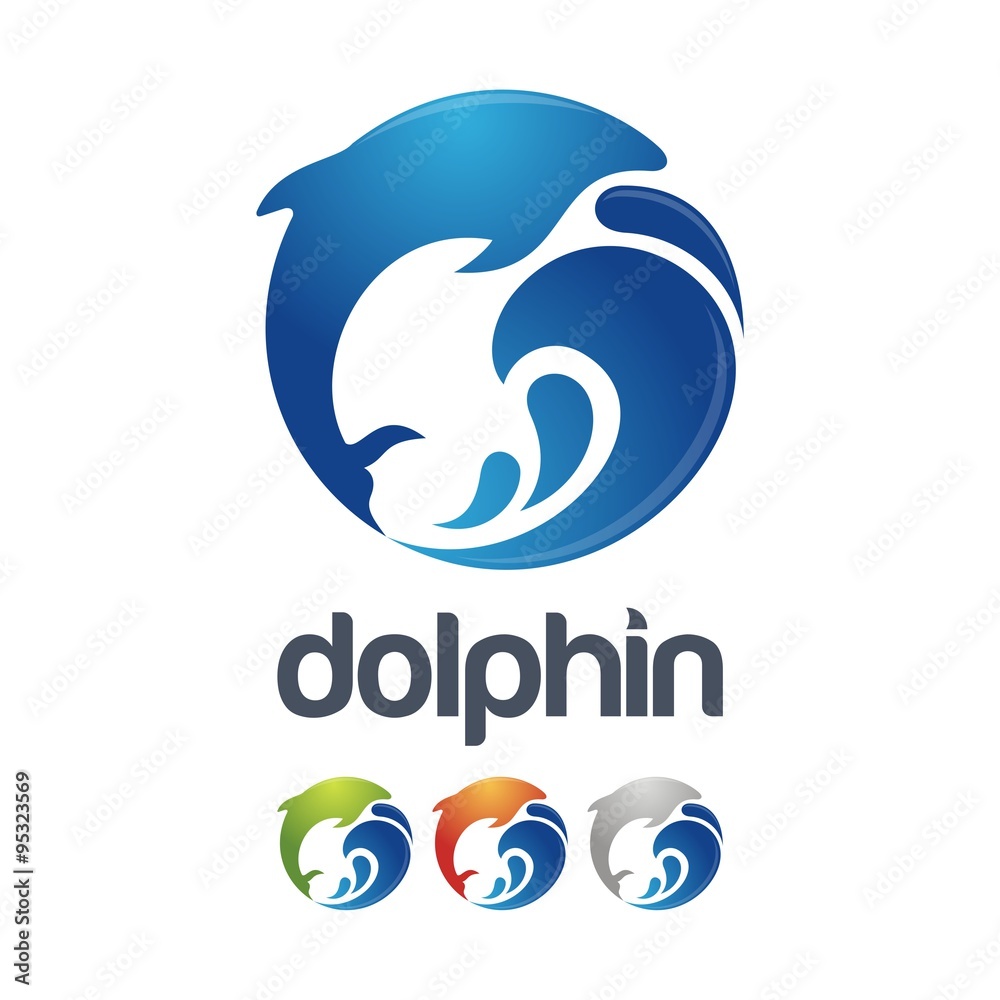 Fototapeta premium Dolphin jumping above waves. Dolphin With Wave Creative Logo Icon