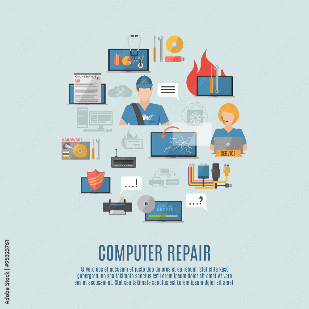 Computer repair flat icons composition poster Computer repair flat icons composition poster