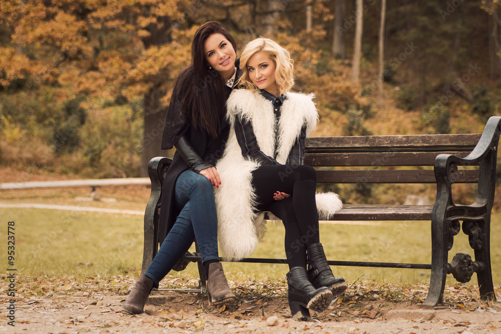 Two beautiful girls in autumn park