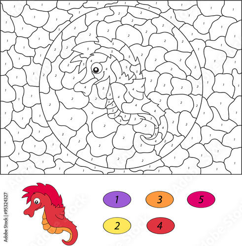 Color by number educational game for kids. Funny cartoon sea hor