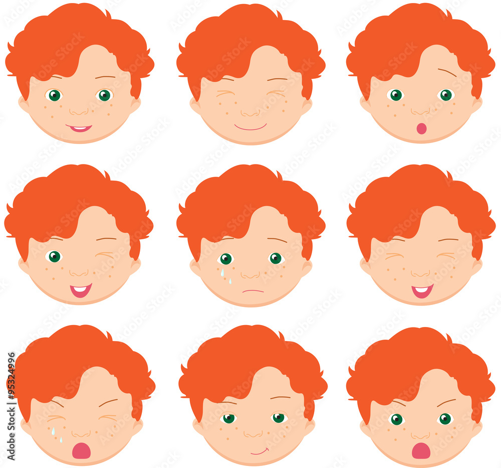Red-haired boy emotions: joy, surprise, fear, sadness, sorrow, c Red-haired boy emotions: joy, surprise, fear, sadness, sorrow, c