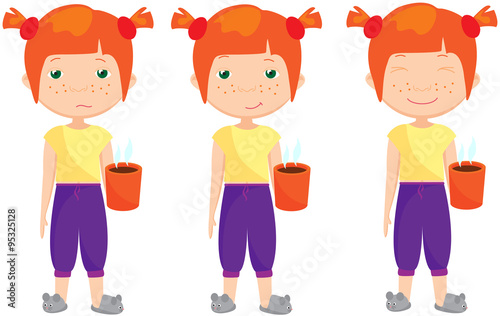 Sad, pensive and happy red-haired girl, sleepy and cheerful