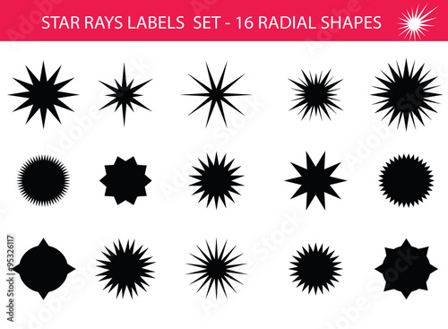 Star rays - Set of Retro Sun burst shapes. Vector stars and sparkle silhouettes classic design elements. Vintage sun ray frames, quality signs, sale icons for design project. Isolated on white.