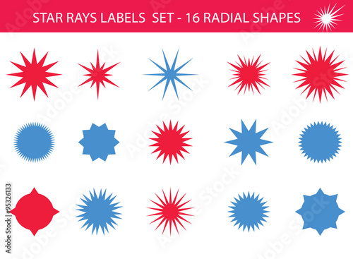 Star rays - Set of Retro Sun burst shapes. Vector stars and sparkle silhouettes festive design elements. Vintage sun ray frames, quality signs, circle backgrounds for design project. Blue and red.
