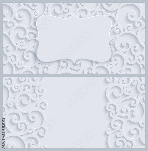 Vector White 3d Vintage Invitation Card with Floral Damask Pattern