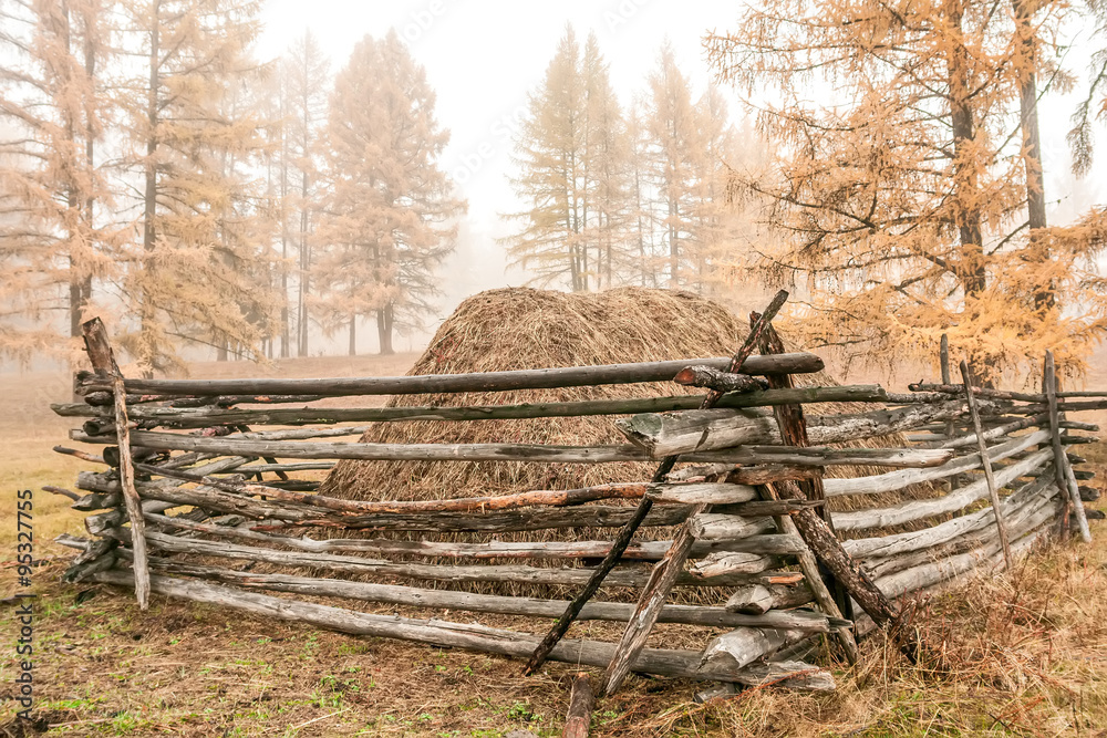 autumn haystack in the fog
