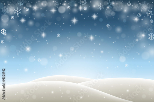 Winter background with falling snowflakes, snow and hills