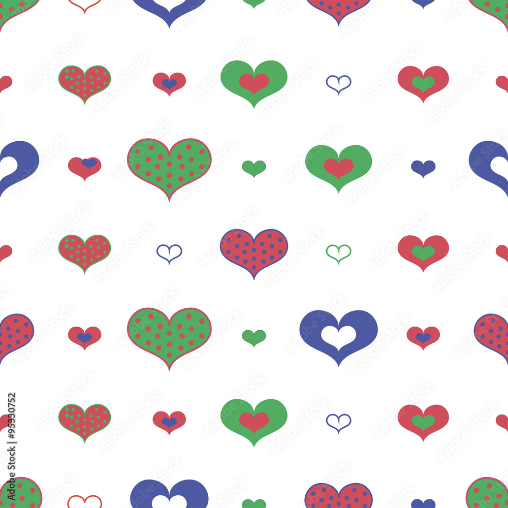 Seamless pattern with colored hearts on white background