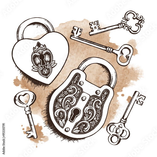 Keys and locks over watercolor background. Isolated Vector illustration. Heart shaped padlock with wings in vintage engraved style with elegant keys. Romantic scrapbook sample.