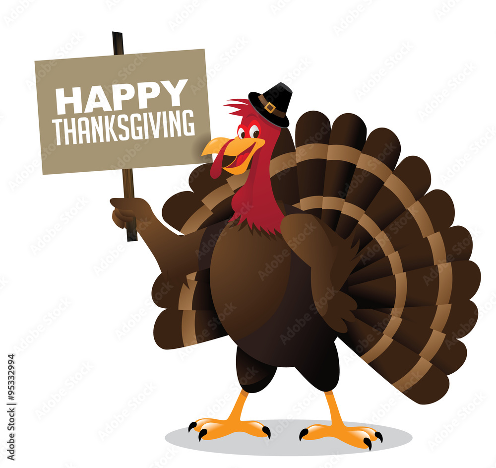 Cartoon turkey holding happy Thanksgiving sign. EPS 10 vector, grouped