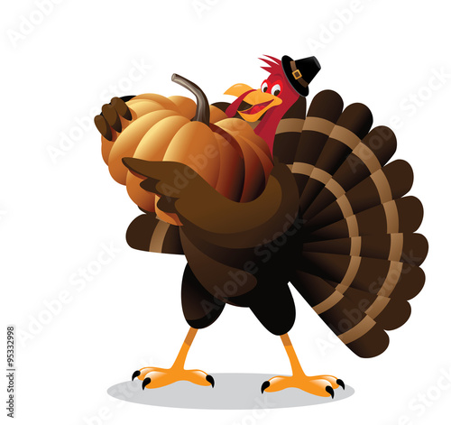 Cartoon turkey holding huge pumpkin. EPS 10 vector, grouped for easy editing.