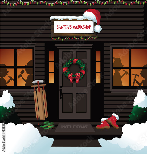 Santa's workshop at the north pole. EPS 10 vector royalty free stock illustration for ad, promotion, poster, flier, blog, article, social media, marketing